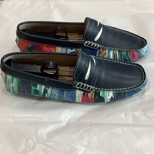 Robert Graham Navy Leather Loafers with Multicolor Brushstroke Sides